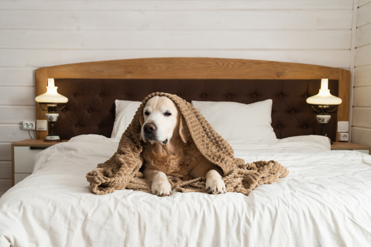 Golden retriever sitting under a blanket on a bed
