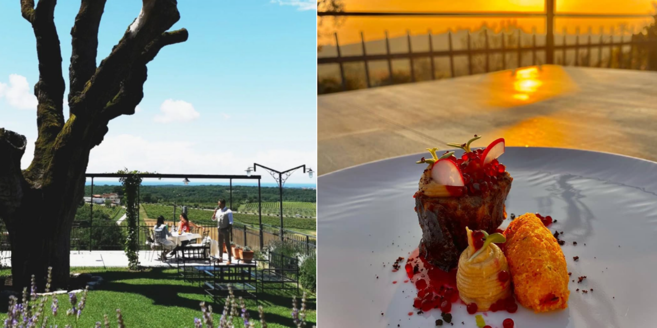 A collage of two images: on the left, a restaurant in Istria, a terrace in an idyllic landscape with three guests at a table; on the right, a plate of gourmet food with the sun setting in the distance.