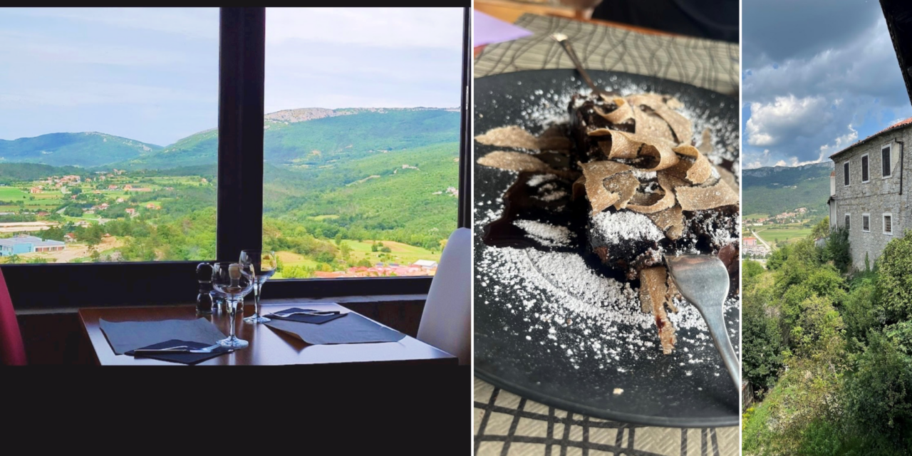A collage of three images: on the left, an Istrian restaurant table next to a large window with a panoramic view of green hills; in the middle, a dessert plate with grated truffles; on the right, Mediterranean vegetation next to a stone house and hills.
