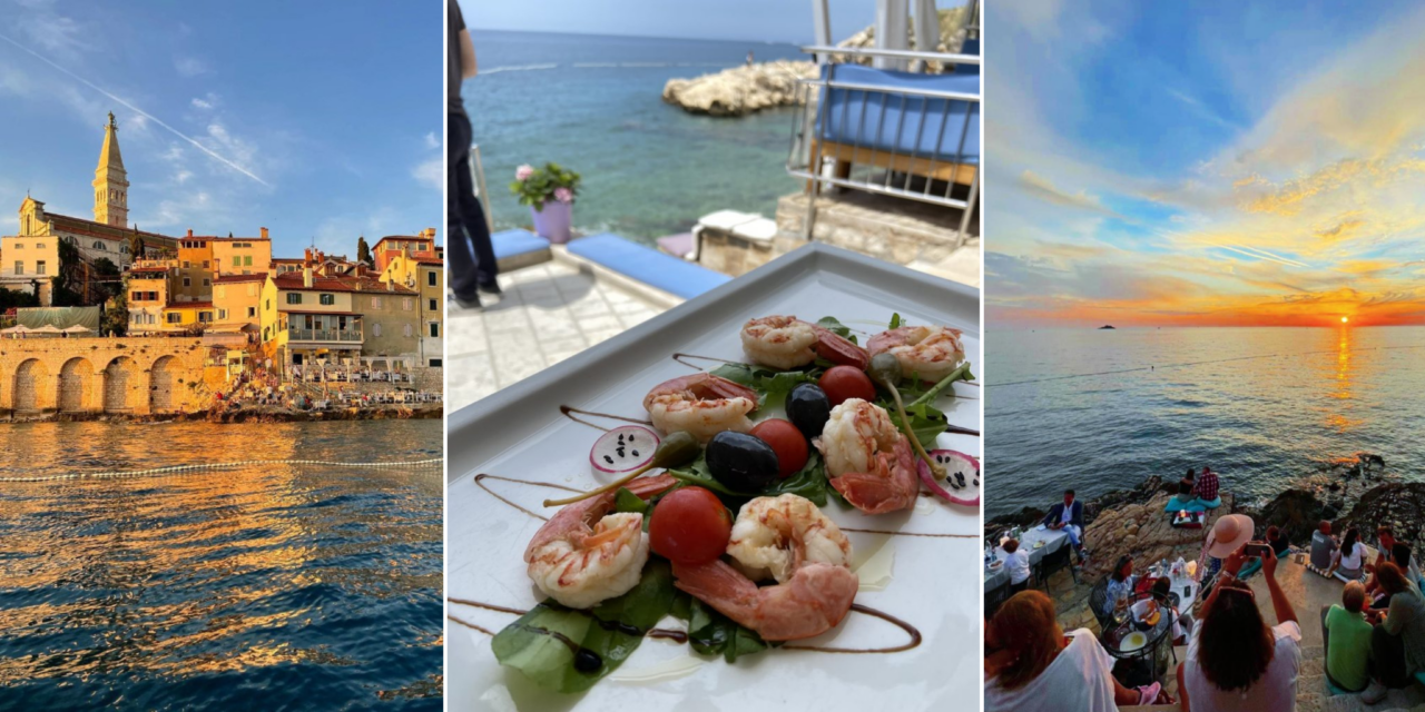 Collage of three pictures: on the left, the view of the Istrian town from the sea, with the terrace of the restaurant on the sea cliff; in the middle, a beautifully presented shrimp dish with the sea beyond; on the right, the sea and sky at sunset and the terrace of the restaurant on the cliff.