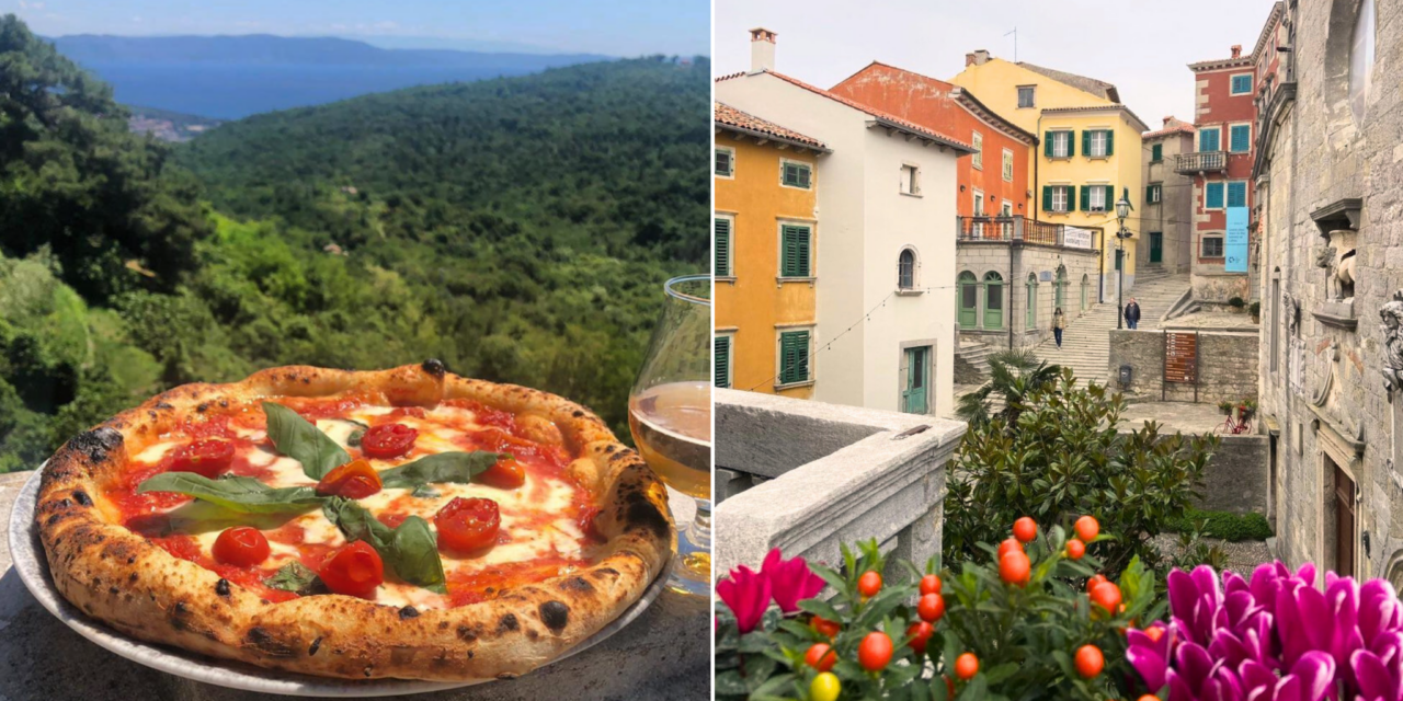 A collage of two images: on the left, a plate of pizza with a beautiful view of the dark green forest and the sea in the distance; on the right, the old centre of Labin with stone walls and houses with colourful facades.