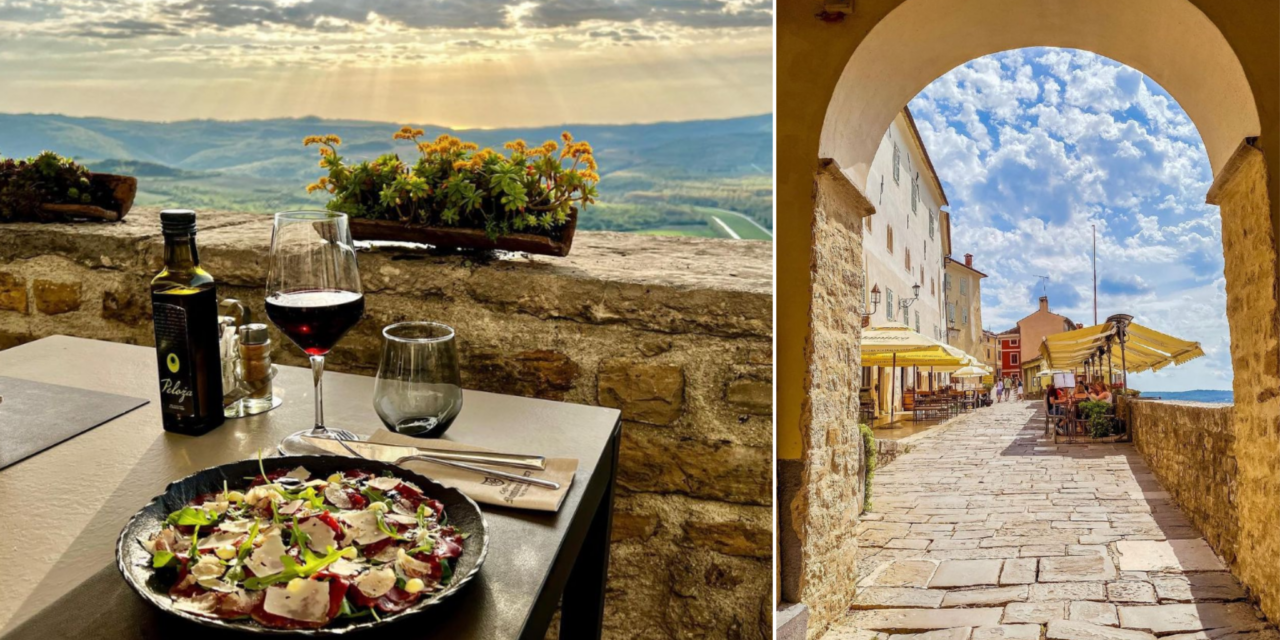 Eine Collage aus zwei Bildern: links ein Tisch mit einem Gourmet-Menü, daneben ein Glas Rotwein und eine Flasche Olivenöl, daneben eine Steinmauer mit einem Glas gelber Blumen, über der Mauer ein Blick auf grüne Hügel; rechts eine Steintür in Form eines Bogens, durch die man auf die Terrasse des Restaurants und in den Himmel blickt.