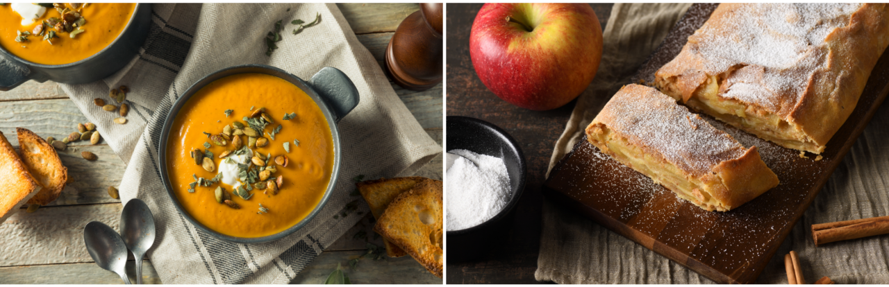 A photo collage that features a photo of butternut squash soup covered in seeds on the left and on the right, an apple strudel served on a wooden board with an apple and cinnamon sticks on the side.