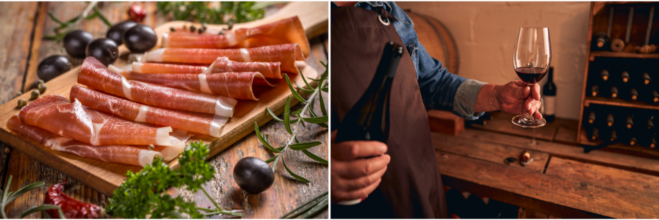 Eine Fotocollage mit einem Foto einer Prosciutto-Platte mit Oliven auf der linken Seite und einem Foto eines männlichen Sommeliers mit einem Glas Rotwein in einem Weinkeller auf der rechten Seite.