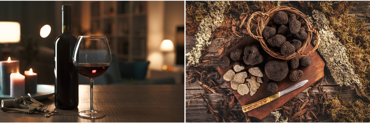 Un collage di foto che presenta, a sinistra, la foto di una bottiglia e di un bicchiere di vino rosso a lume di candela e, a destra, la foto di tartufi neri in un cestino su una tavola di legno.