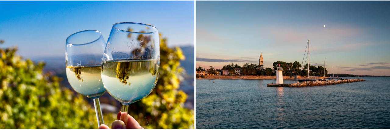 Eine Fotocollage mit einem Foto von zwei Gläsern Weißwein in einem herbstlichen Weinberg und einem Foto der Stadt Novigrad im Sonnenuntergang.