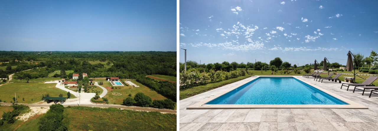 Collage of two images; on the left, a bird's eye view of the property with a villa, garden, pool house and boccia court surrounded by greenery; on the right, a rectangular pool with sunbeds