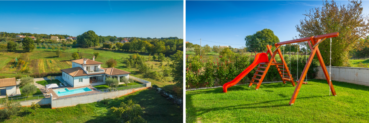 Collage of two images; on the left, a luxury house with a fenced-in plot and swimming pool, surrounded by greenery; on the right, a slide and swings on the lawn.