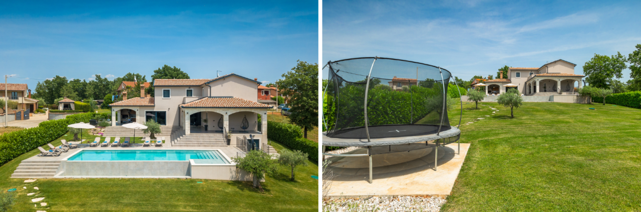 Collage of two images; on the left, a luxury house with a swimming pool and a covered terrace; on the right, a trampoline on the lawn, a villa in the distance
