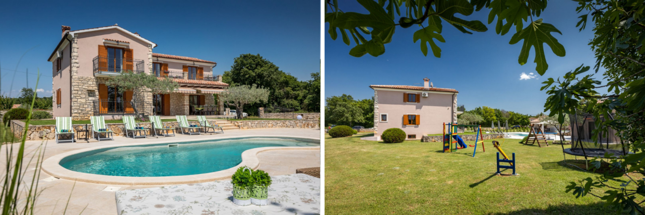 Collage of two images; on the left, a rustic villa with a swimming pool and six deckchairs; on the right, the same house seen from the other side - in the foreground a lawn with a children's playground, in the background a house with a swimming pool