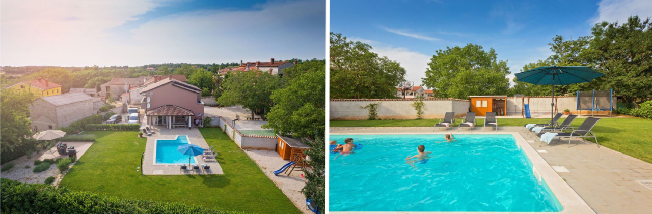 Collage of two images; on the left, a house with a green garden, a swimming pool and a playground; on the right, a pool in which three boys are swimming, deck chairs and a lawn beside the pool
