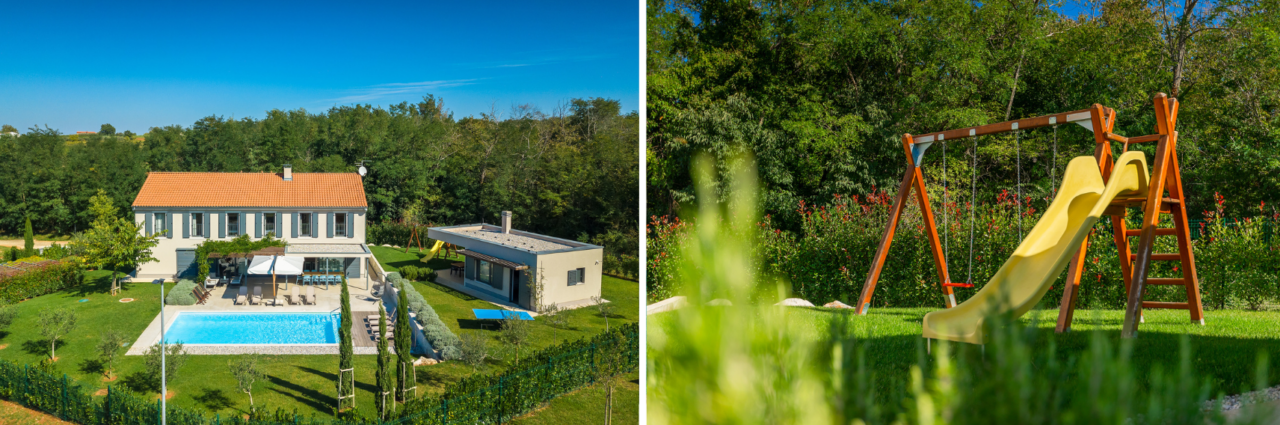 Collage di due immagini: a sinistra, una grande casa con piscina circondata dal verde; accanto alla piscina c'è una casa più piccola; a destra, altalene e uno scivolo sul prato