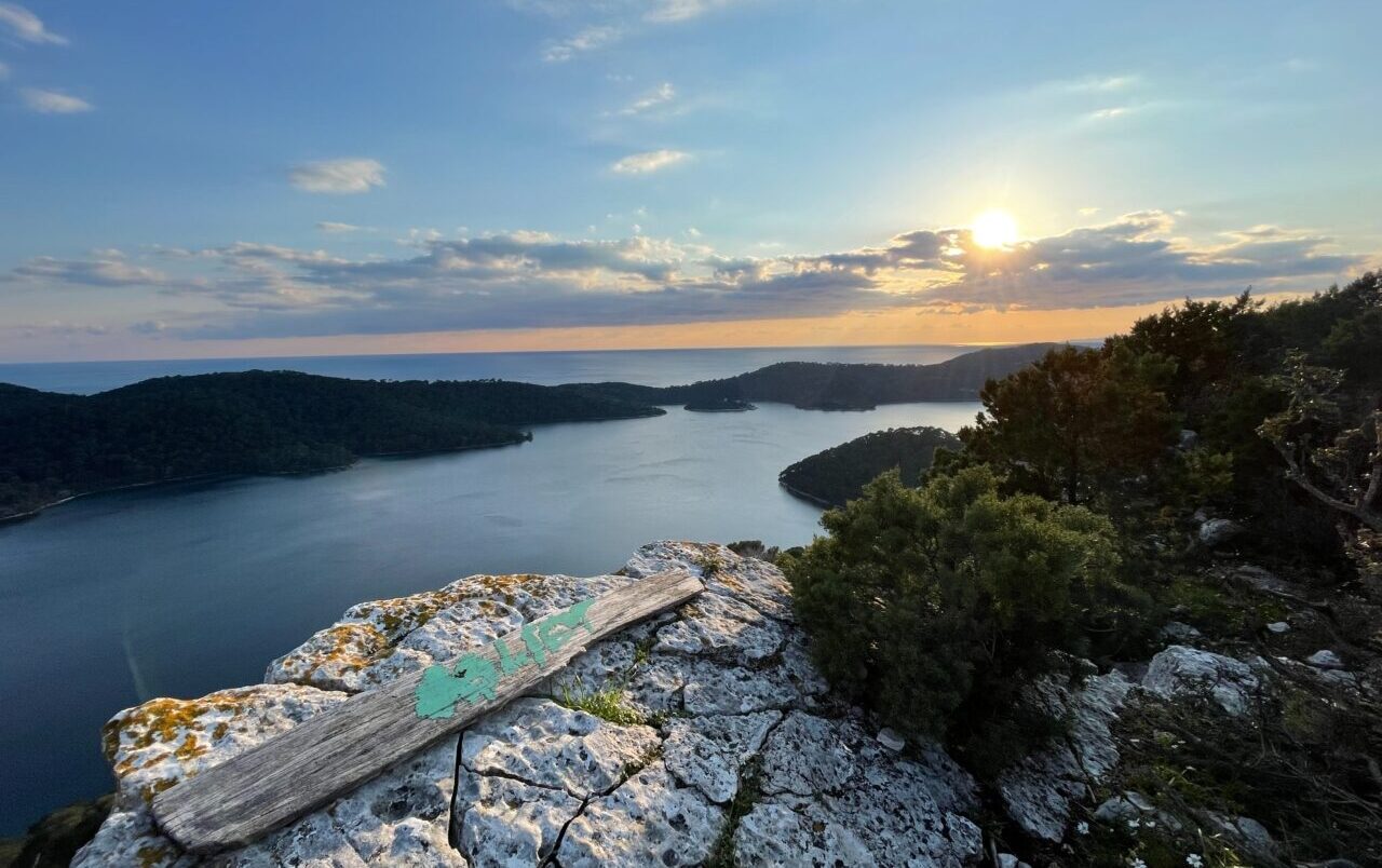 Sunset from a lookout point on the island of Mljet, with a view of the sea and small islands