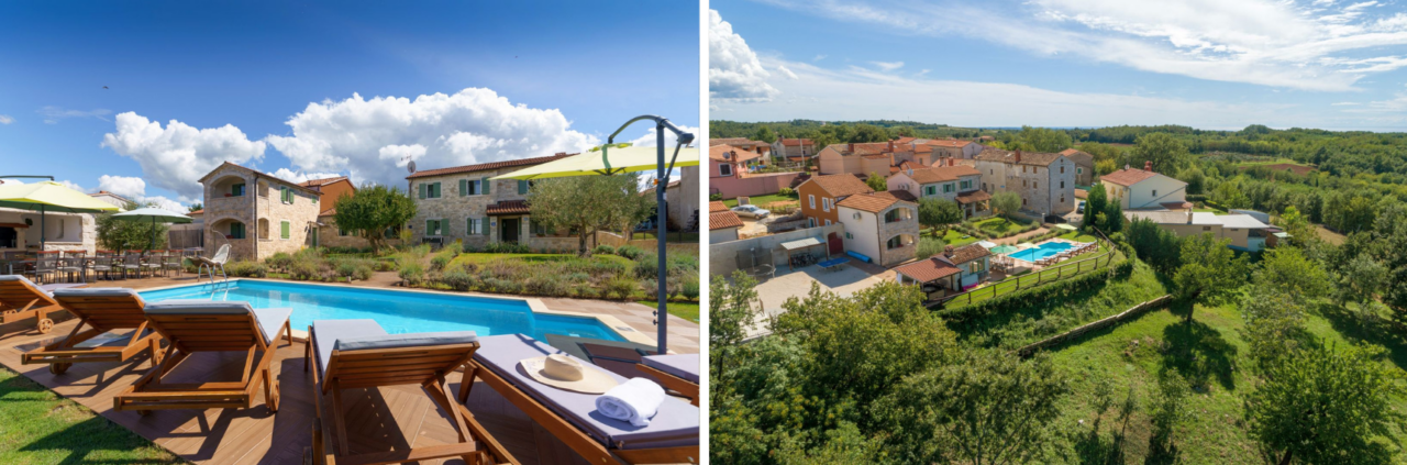 Eine Collage aus zwei Bildern der Villa Baldaši, links aus der Perspektive des Gartens und des Swimmingpools, rechts das Anwesen aus der Vogelperspektive.