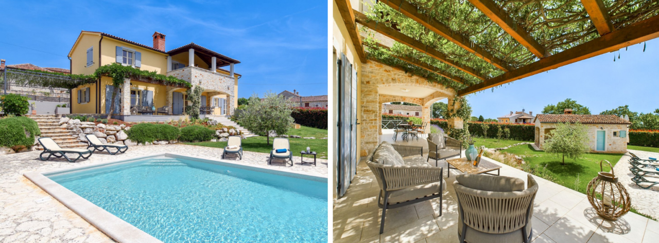 Un collage di due immagini di Villa Azzurra, una con la piscina e l'altra con una vista del giardino dalla terrazza coperta.