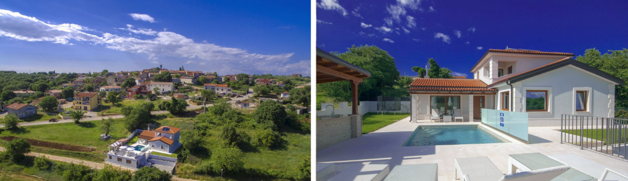 Eine Collage aus zwei Bildern der Villa Gloria Vita; links das Grundstück aus der Vogelperspektive, rechts der Garten mit Pool und der Außenbereich des Hauses.