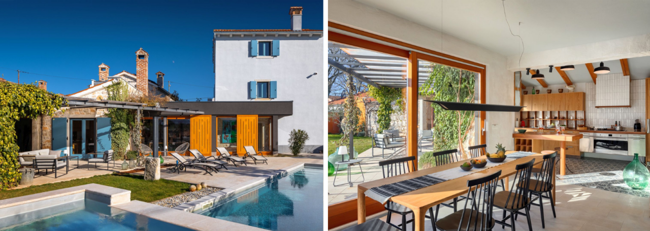 Eine Collage aus zwei Bildern der Villa Maxima Agri, eines im Außenbereich mit Pool, das andere aus dem Esszimmer mit Blick in den Garten.