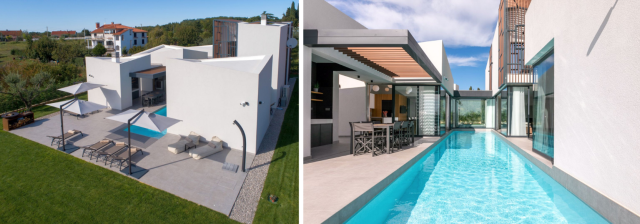Un collage di due immagini di Villa Ružić, una vista a volo d'uccello e l'altra della piscina e della terrazza.