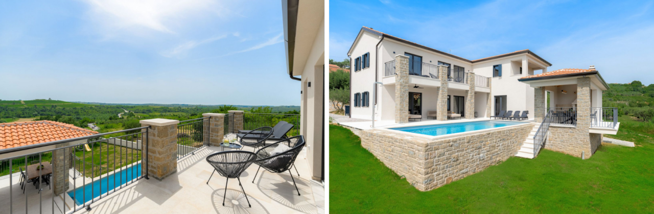Eine Collage aus zwei Bildern der Villa San Sebastian; links ein Panoramablick von der Terrasse, rechts der Außenbereich des Hauses mit Swimmingpool.