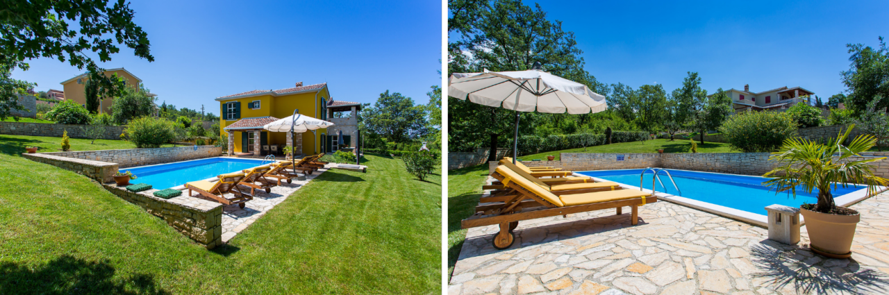 Urlaub mit Haustier: Bildern der Villa Splendida; links die Außenansicht der Villa mit Swimmingpool und grünem Garten, rechts Swimmingpool und Liegewiese.