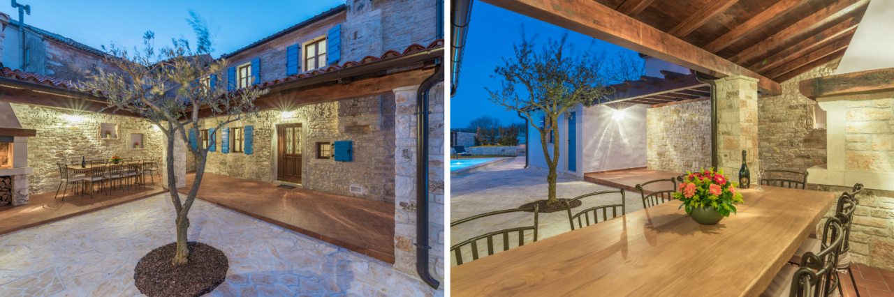 Collage of images. On the left, a stone villa with blue shutters, illuminated by lights. On the right, a table and chairs with a view of the pool and an olive tree.