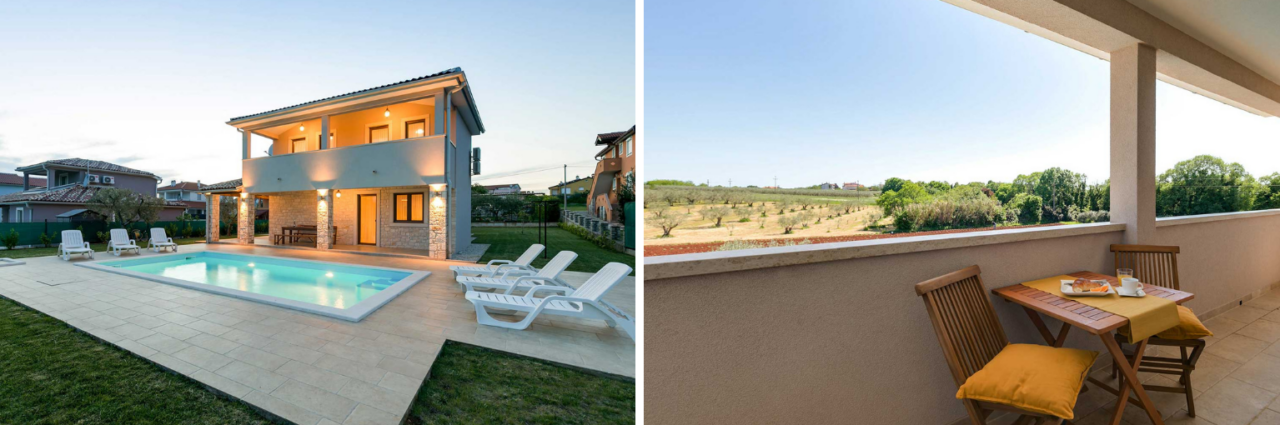 Collage of images. On the left is a villa with a swimming pool, on the right is a table and chairs on the balcony overlooking the green landscape.