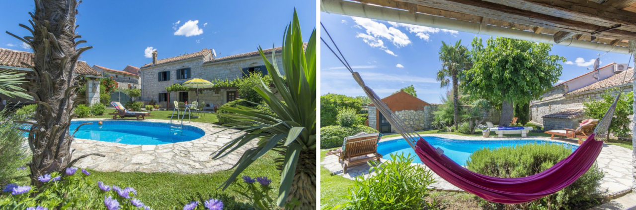 Collage of images. On the left, a stone villa surrounded by greenery; on the right, a hammock with a view of the pool.