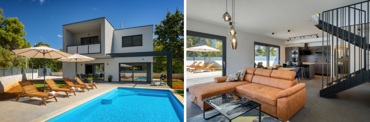 Collage of images. On the left, a luxurious two-story villa with a swimming pool in front, and on the right, a relaxation area with brown leather furniture and a view of the terrace.