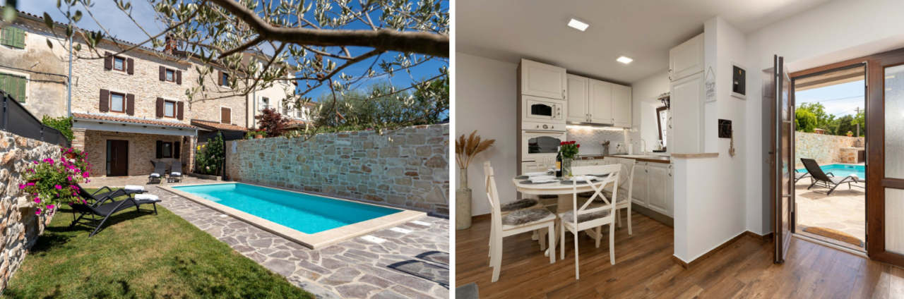 Collage of images. On the left, a stone villa with pool and deck chairs; on the right, a rustic kitchen with dining table and exit to the outdoor terrace with a view of the pool.