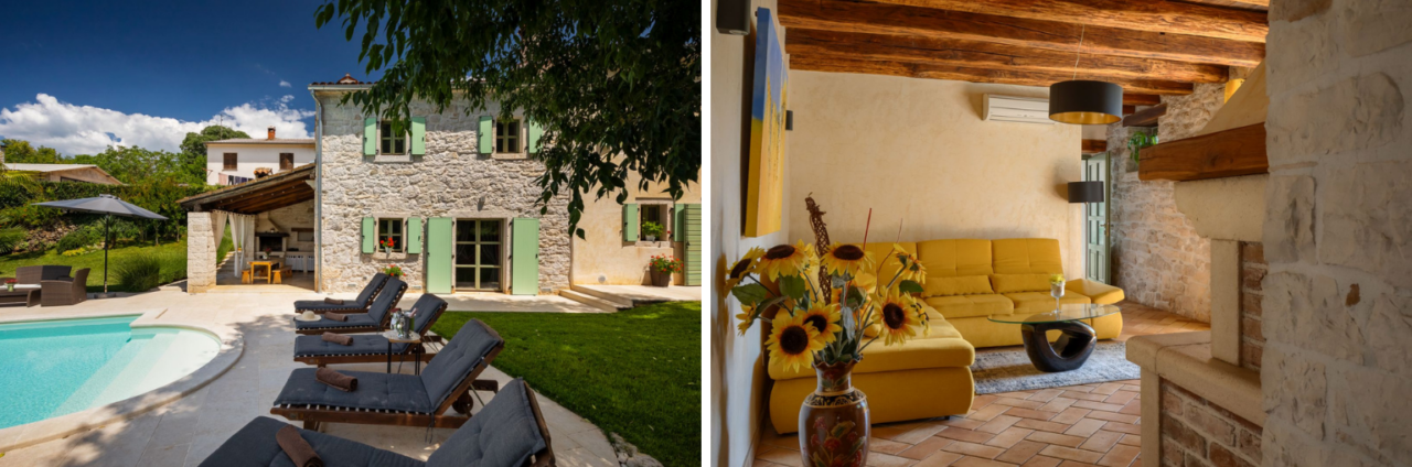 Collage of images. On the left, a stone villa with green sheds in front of a pool with deck chairs, and on the right, a rustic living room with a yellow couch and a vase of sunflowers.